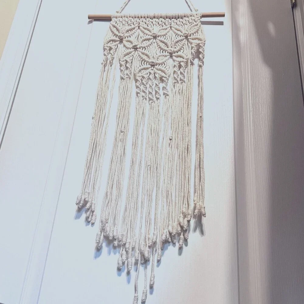 Macrame/Crocheted Wall Hanging-Ivory/Cream-Bohemian-Wood Dowel-Knots-Twist-Flow